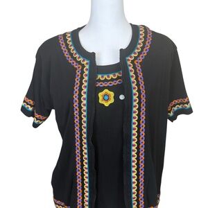 Lisa International Black Embroidered Jersey Knit Cardigan Tank Top Set Large
